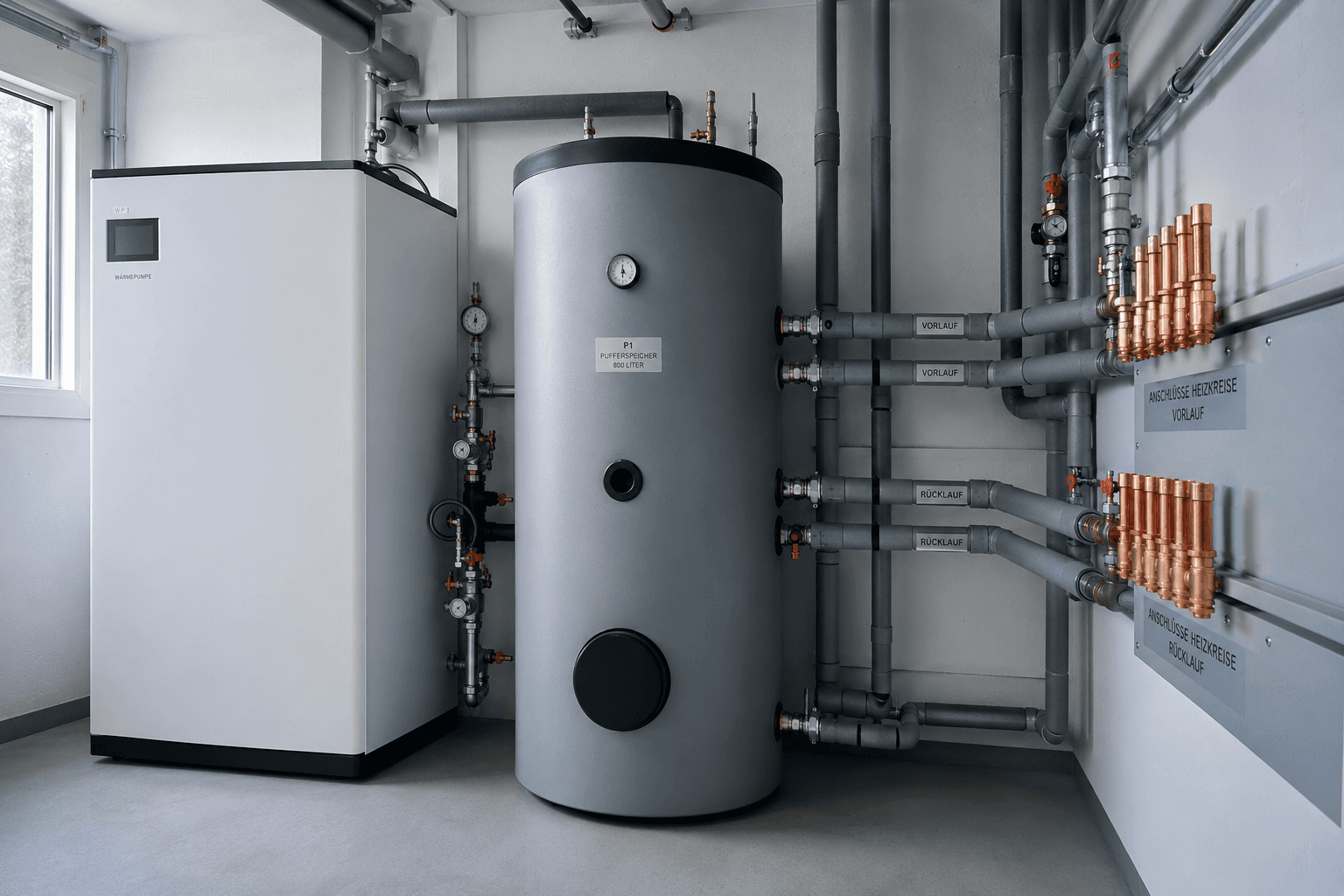 Waermepumpe mit Pufferspeicher im Technikraum